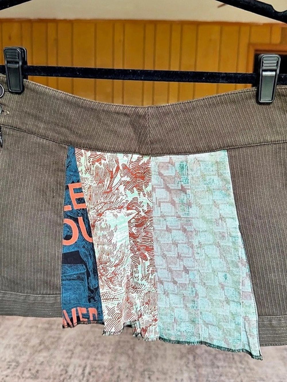 Vintage Custo Barcelona Patchwork Micro Mini Skirt in Brown & Blue Size 2 Y2K
